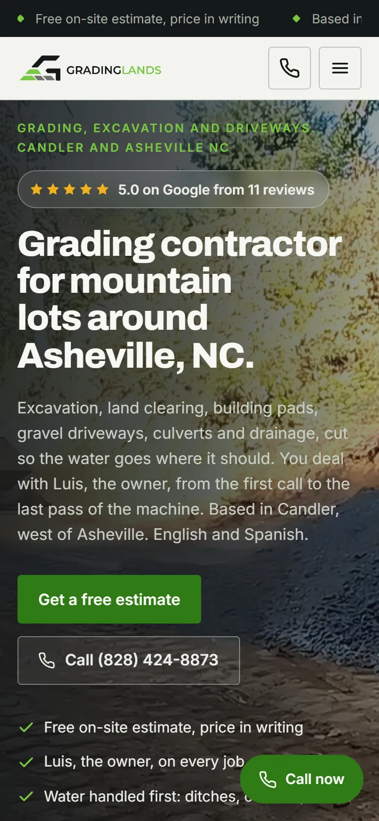 Grading Lands homepage on a phone